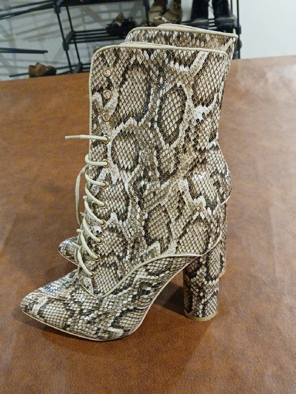 Fashion Nova Beige Snake-Print Lace-Up Block Heel Ankle Boots
